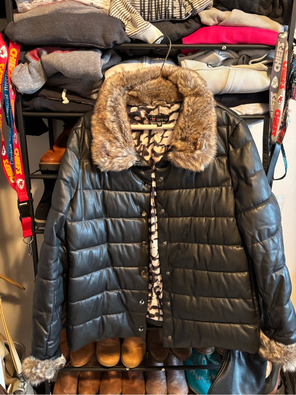Faux Leather Black Quilted Puffer Jacket with Faux Fur Trim